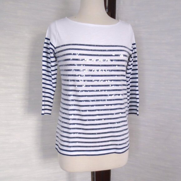 Joe Fresh Navy White Stripe Boat Neck Nautical Cotton Breton T-Shirt Tee - Picture 3 of 6